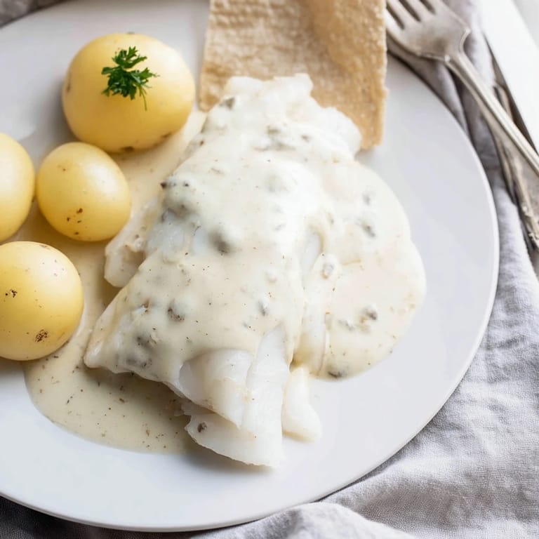 A plate of delicious Norwegian Lutefisk, with a silky mustard sauce, ready to be enjoyed.