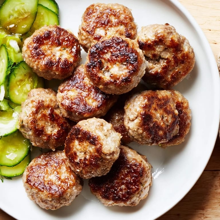A plate of flavorful Danish Frikadeller, alongside pickles, illustrating a traditional Danish meal's delicious elements.