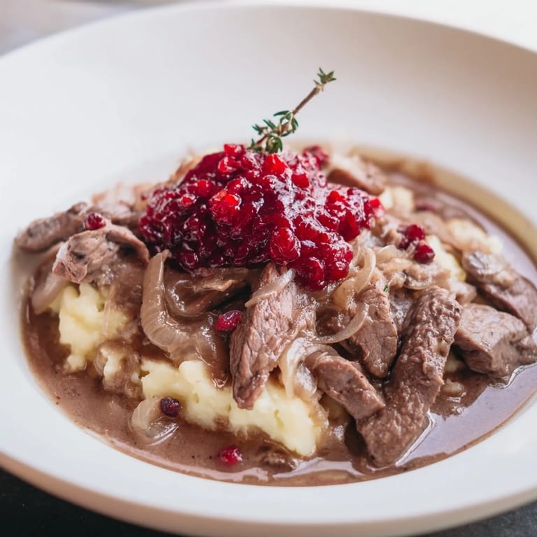 A steaming bowl of Finnish Reindeer Stew, with soft meat and sweet lingonberries, perfect for dinner.