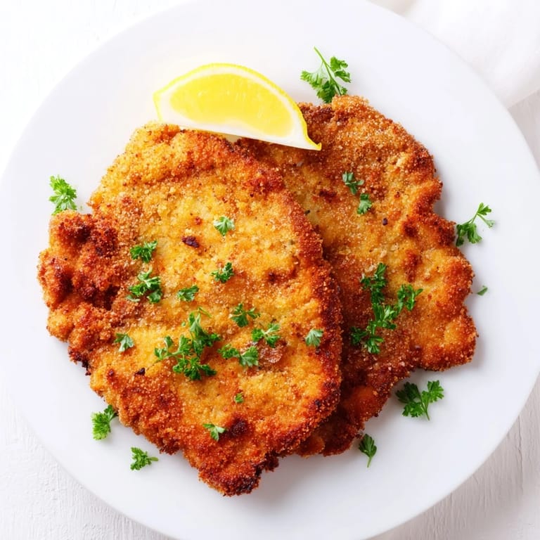 A perfectly fried German schnitzel cutlet served alongside lemon wedges for a tangy zest.