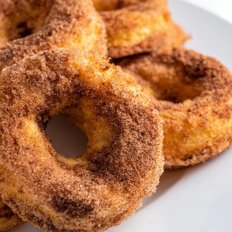 Freshly made Air Fryer Cinnamon Sugar Donuts glistening with melted butter and cinnamon sugar in morning light.