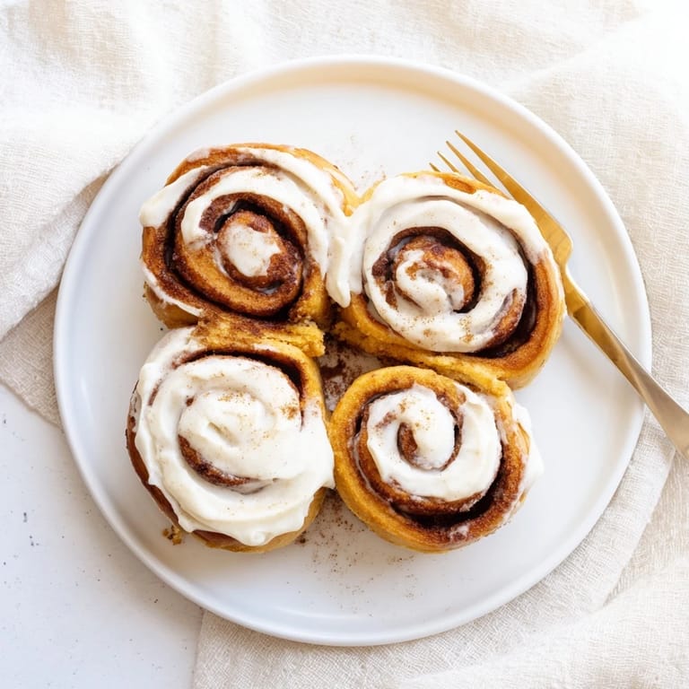 Soft, pillowy Pumpkin Cinnamon Rolls are served on a plate, perfect for a cozy autumn breakfast or dessert.