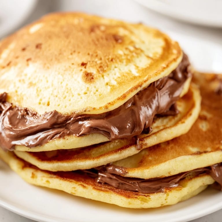 A close-up of a fluffy Nutella Stuffed Pancake, revealing melted chocolate and hazelnut spread inside.