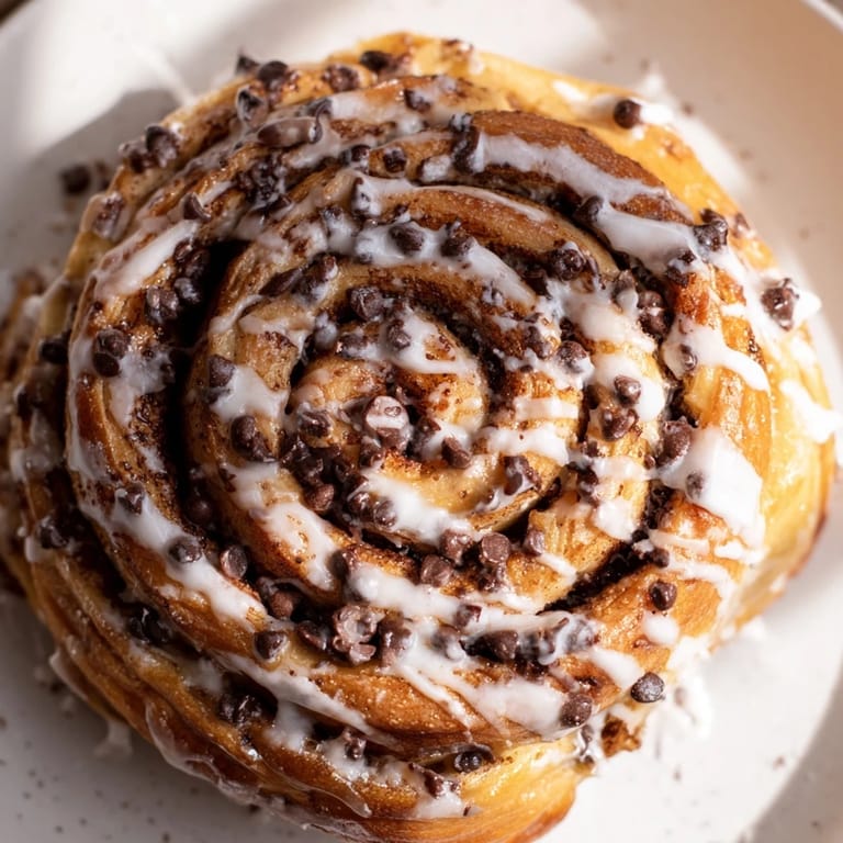 Freshly baked Nutella Chocolate Chip Rolls topped with sweet glaze on a white plate, perfect for a decadent dessert or brunch spread.