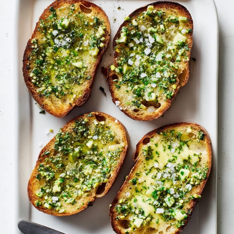 A close-up of Herb Butter Toast revealing the rich, melting butter infused with lemon zest and thyme, sprinkled with flaky sea salt.