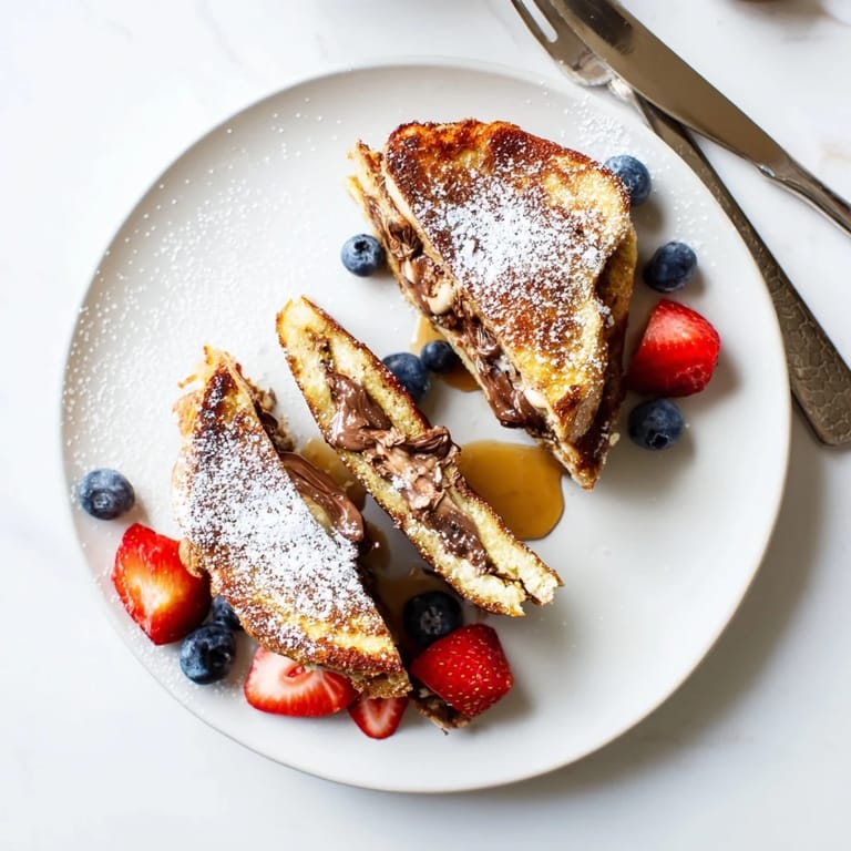 Freshly cooked Nutella Brioche French Toast garnished with plump strawberries and blueberries, ready to be drizzled with sweet syrup.