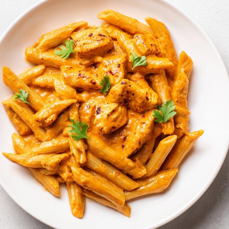 Serving of Chicken Tikka Pasta garnished with fresh cilantro, ready to enjoy with garlic naan on the side.