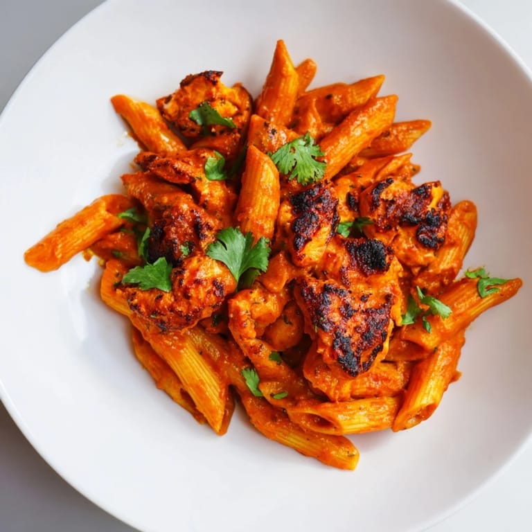 Homemade Chicken Tikka Pasta plated, featuring al dente penne coated in a rich, creamy tomato-based curry sauce.