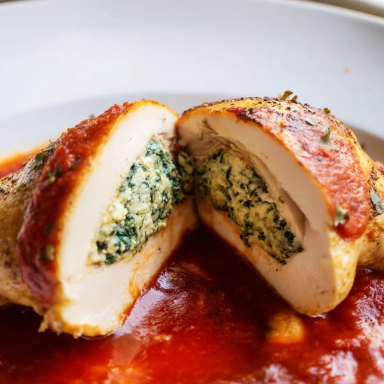 Sizzling seared Spinach Ricotta Stuffed Chicken ready to serve, garnished with Parmesan and accompanied by crusty artisan bread.