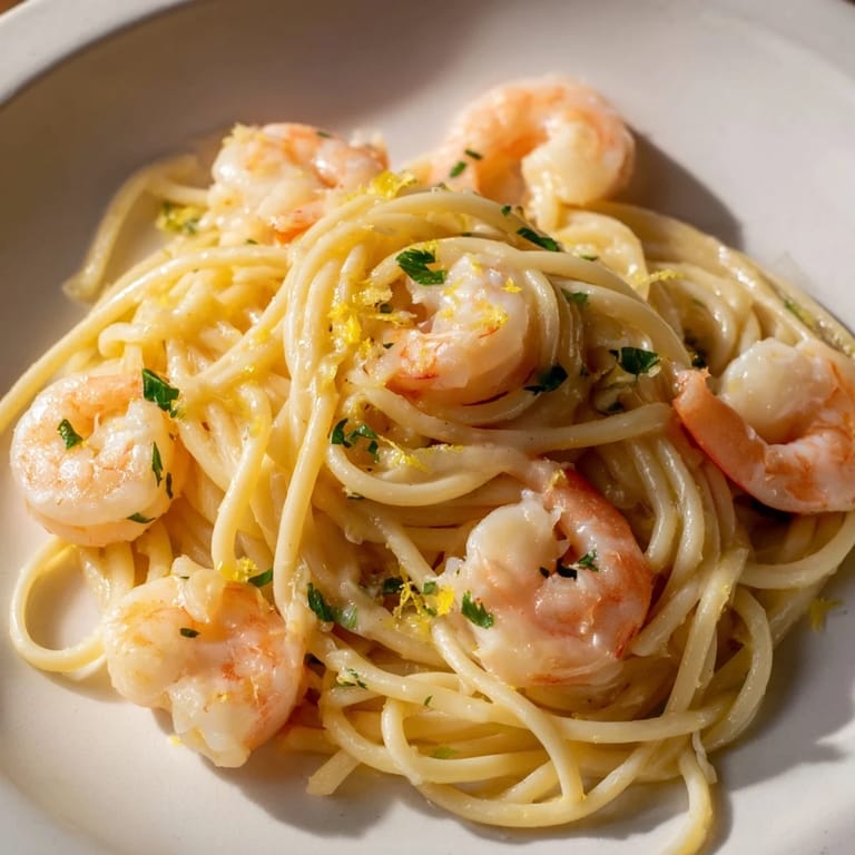 Close-up on the skillet with sizzling Garlic Butter Shrimp Linguine, steam rising from the buttery, garlicky pasta.