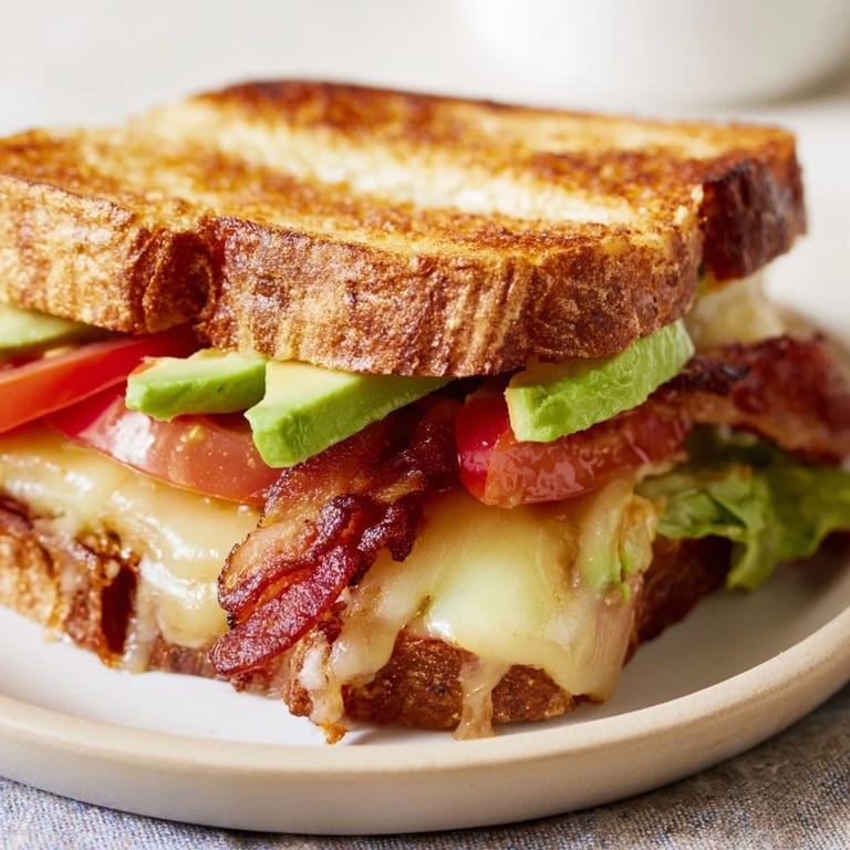 Close-up of Avocado BLT Grilled Cheese, highlighting the crispy bacon, juicy tomato, and melted cheese between golden, buttery bread slices.