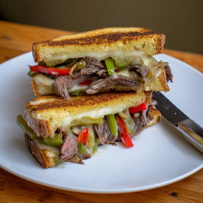 The sandwich is cut diagonally, revealing juicy ribeye steak strips and colorful sautéed bell peppers and onions inside.