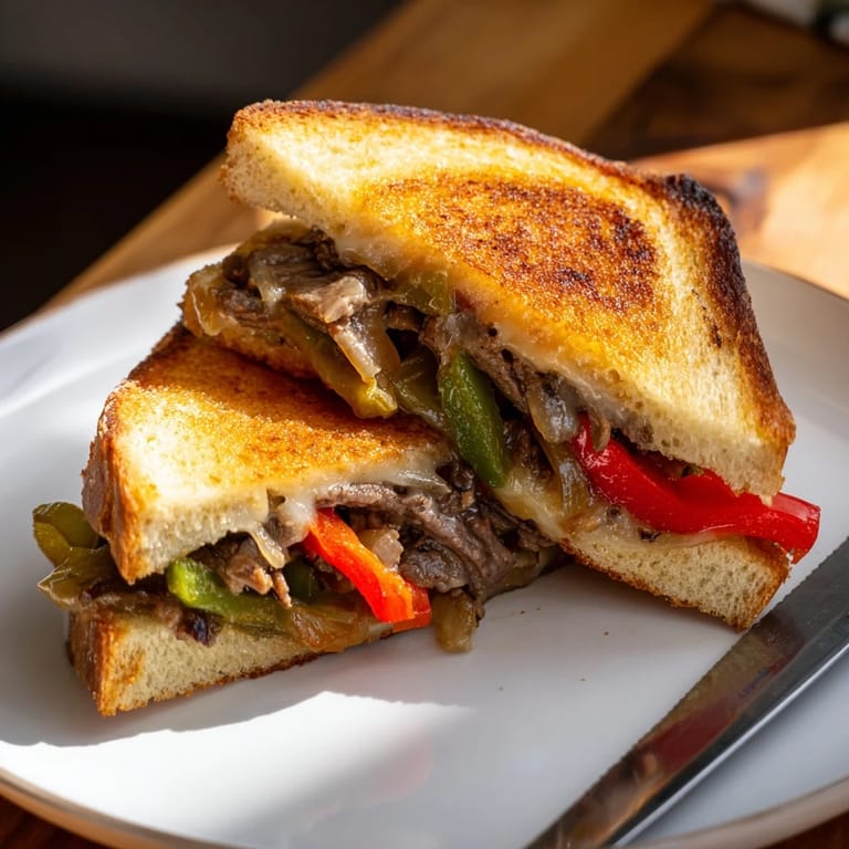 Served on a wooden board with a side of fries, this hearty Philly Cheesesteak Grilled Cheese looks delicious.