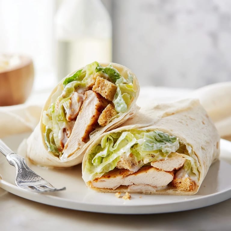 Fresh Caesar Chicken Salad Wrap sliced in half, revealing layers of seasoned chicken, crunchy romaine, and croutons tucked inside a warm tortilla.