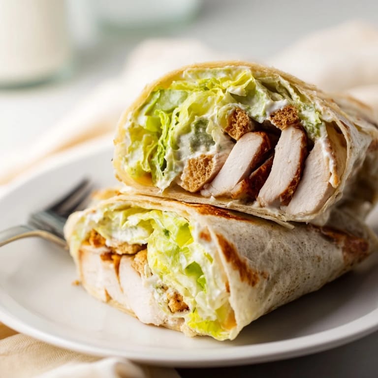 A close-up of a Caesar Chicken Salad Wrap, showcasing juicy grilled chicken, grated parmesan, and creamy dressing on fresh greens inside a soft tortilla.