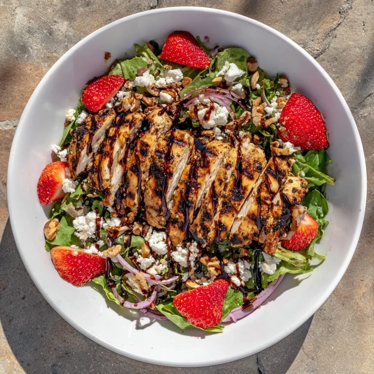 A vibrant platter of honey balsamic chicken salad showcases juicy strawberries, creamy cheese, and toasted nuts for a perfect light lunch.  