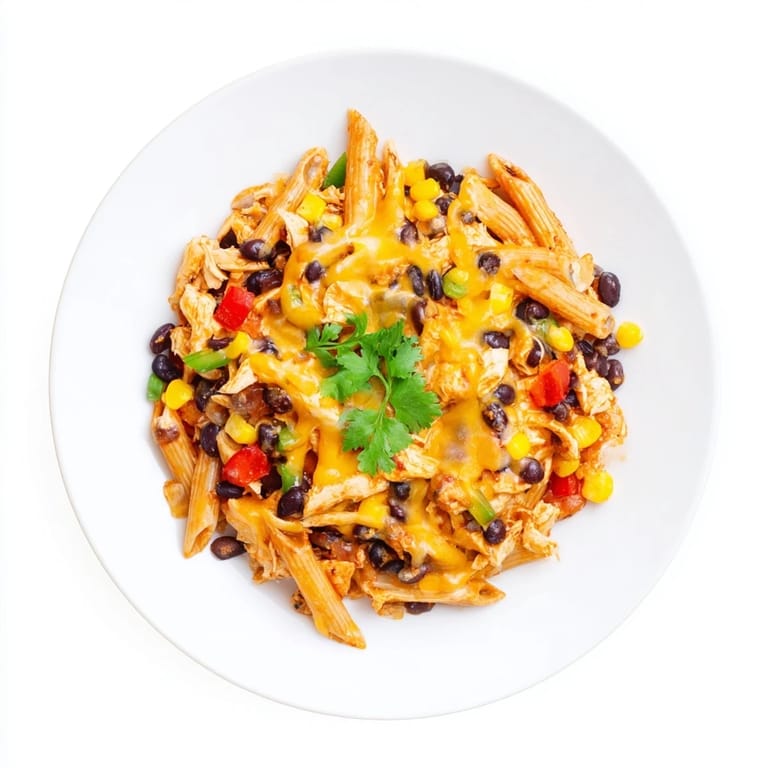Family-style Chicken Enchilada Pasta garnished with avocado, perfect for a quick Tex-Mex weeknight dinner.