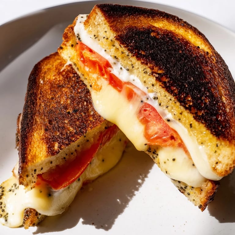 A Pepper Jack & Tomato Grilled Cheese cut diagonally, revealing juicy tomato and pepper jack layers, served beside tomato soup.