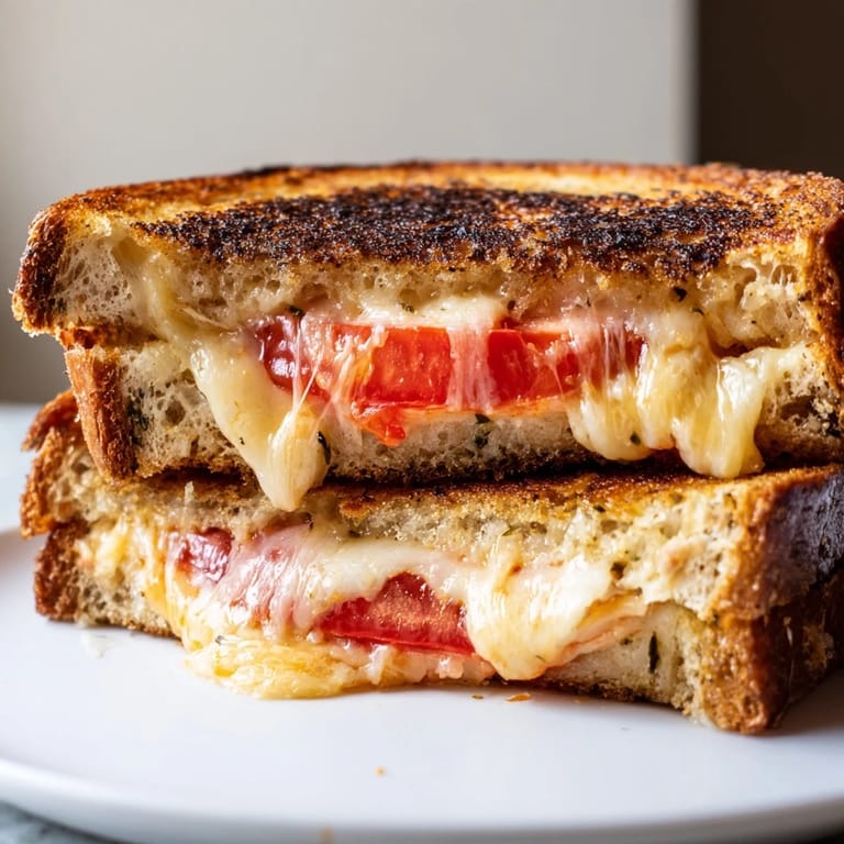 Pepper Jack & Tomato Grilled Cheese sizzling in a skillet, buttery crust and oozy cheese under a golden melt.