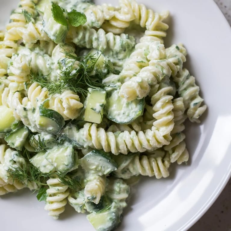 A bowl of Green Goddess Pasta Salad tossed with fresh spinach, herbs, and creamy avocado dressing, perfect for a picnic.