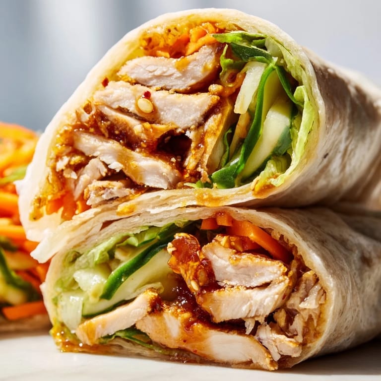 Halved Honey Chili Crunch Chicken Wrap showing tender meat, vibrant veggies, and creamy mayo inside soft tortilla.