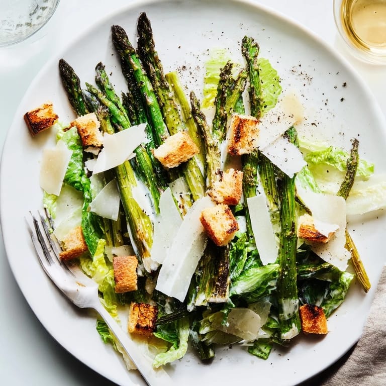 Golden homemade croutons added a crunchy texture to the vibrant Roasted Asparagus Caesar Salad.