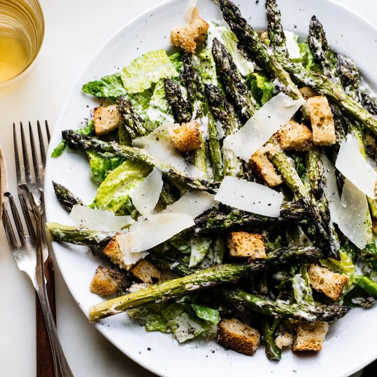 Served on a white plate, this Roasted Asparagus Caesar Salad made a delicious vegetarian lunch.
