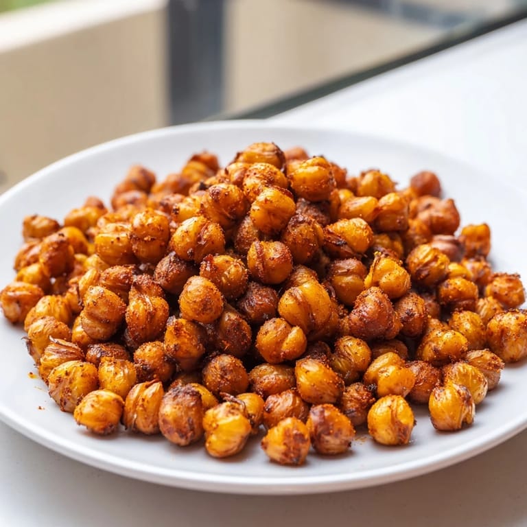 Spiced Crispy Chickpea Snack cooling on a tray, emitting warm aromas of garlic and smoked paprika, perfect for snacking or salad toppings.