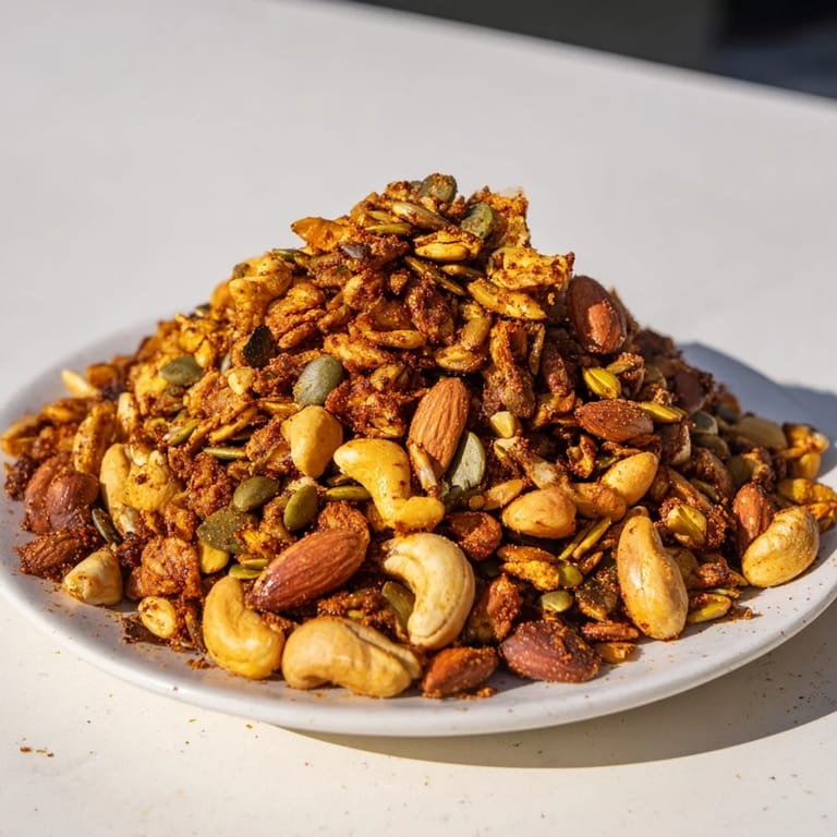 This close-up photo shows the Spiced Nuts and Seeds Mix, featuring a crunchy blend of pumpkin seeds and savory, aromatic spices.  