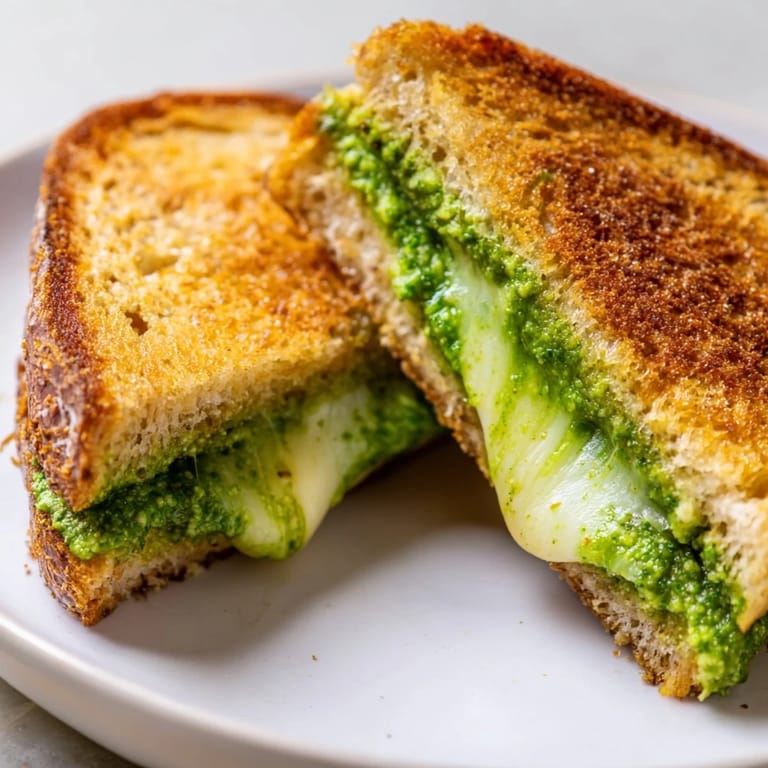Warm Spring Pea Pesto Grilled Cheese sandwich with melty cheese, fresh basil notes, and buttery toasted bread.