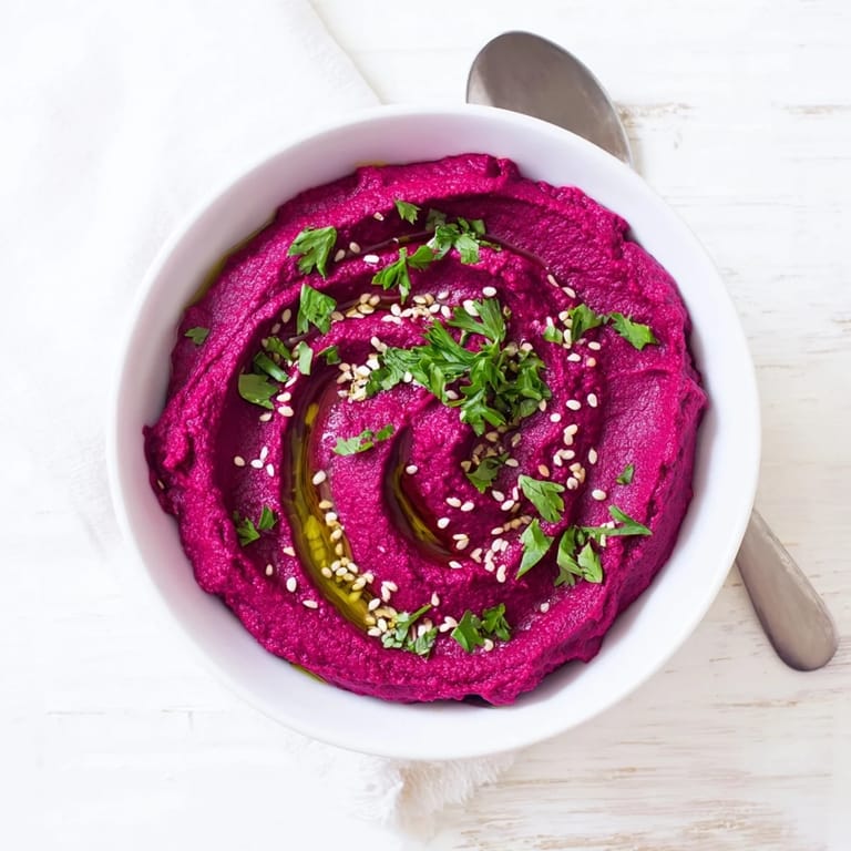 Earthy Roasted Beet Hummus with a creamy texture, drizzled with olive oil and sprinkled with cumin for a flavorful appetizer.