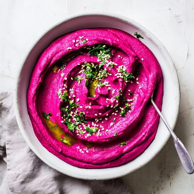 Bright magenta Roasted Beet Hummus served in a rustic bowl, surrounded by crisp cucumber slices and warm pita triangles.