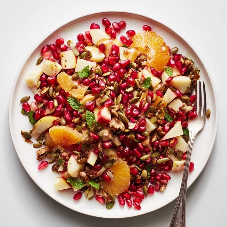 Seasonal pomegranate and walnut salad tossed with olive oil dressing, garnished with fresh mint.