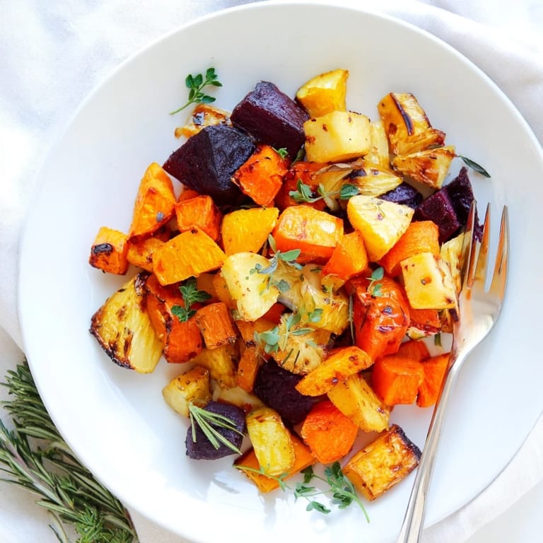 A rustic tray of caramelized roasted root vegetable medley featuring red beets and turnips seasoned with thyme and rosemary.  
