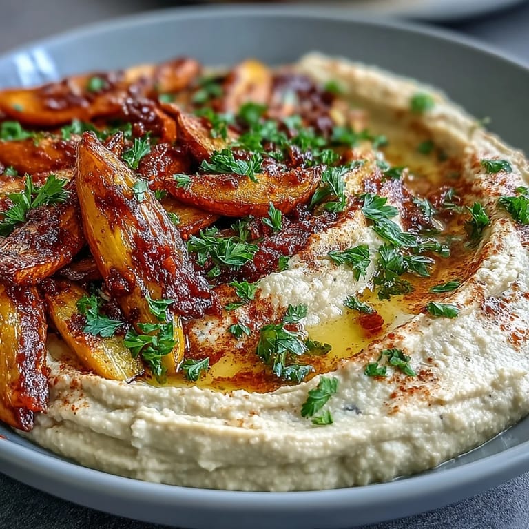 Colorful roasted rainbow carrots served with smooth homemade hummus, ideal for snacking.