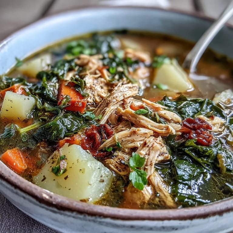 A hearty bowl of Collard Greens, Chicken and Vegetable Soup, garnished with fresh herbs, steaming on a rustic wooden table for a comforting meal.