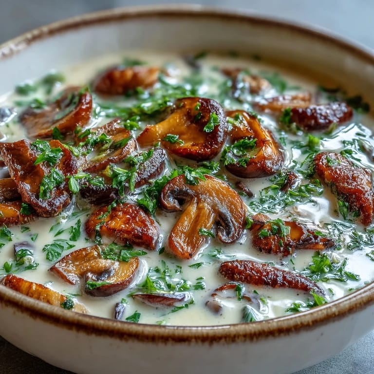 Creamy Mushroom Stroganoff Soup simmering in a pot, showcasing rich broth with golden-brown mushrooms and herbs.