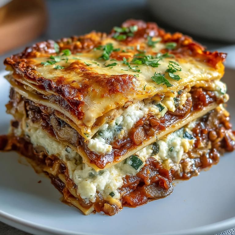 Fresh basil garnishes a slice of One-Pan Smoky Veggie Lentil Lasagne served alongside a crisp green salad and crusty bread.  