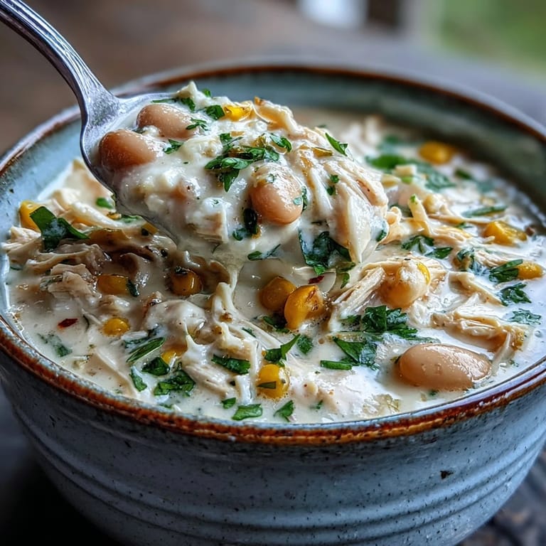 Steaming pot of homemade White Chicken Chili with tender shredded chicken, white beans, and corn, ready to be ladled out.