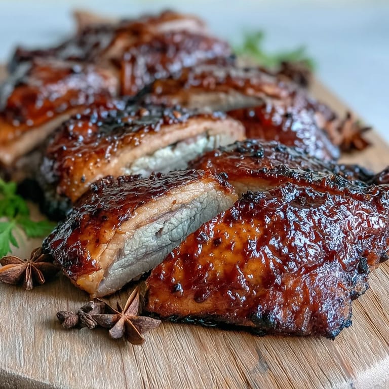 Tender slices of Five-Spice Roast Ducks on a plate alongside fluffy jasmine rice and vibrant stir-fried greens.