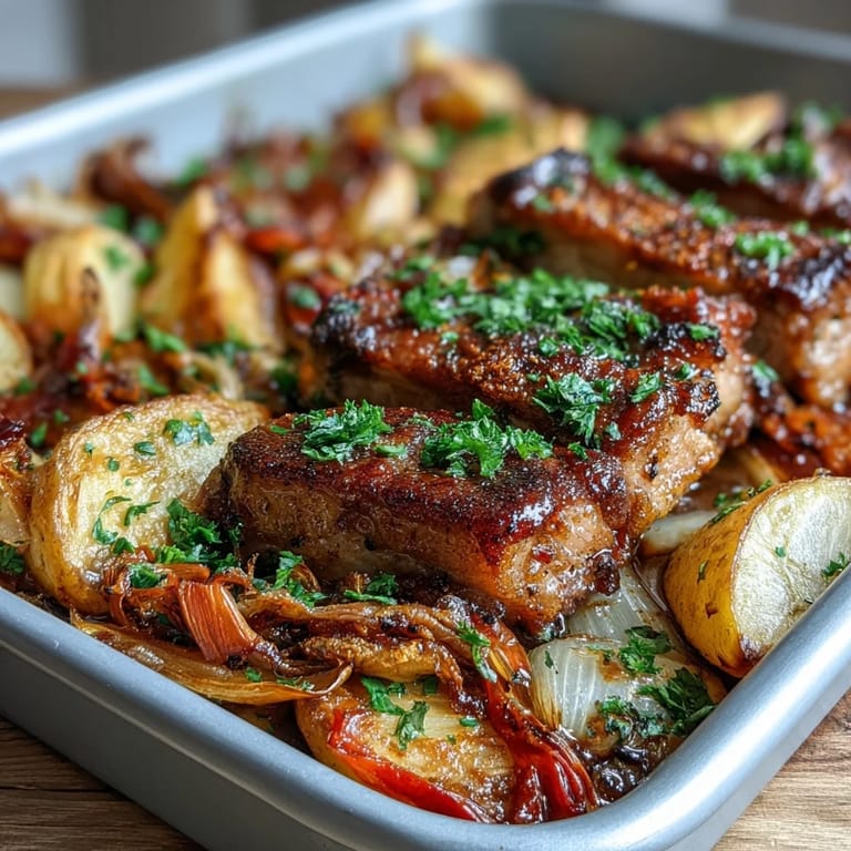 A close-up of Pork and Aromatic Rhubarb Traybake reveals juicy pork and glazed rhubarb topped with fresh parsley.