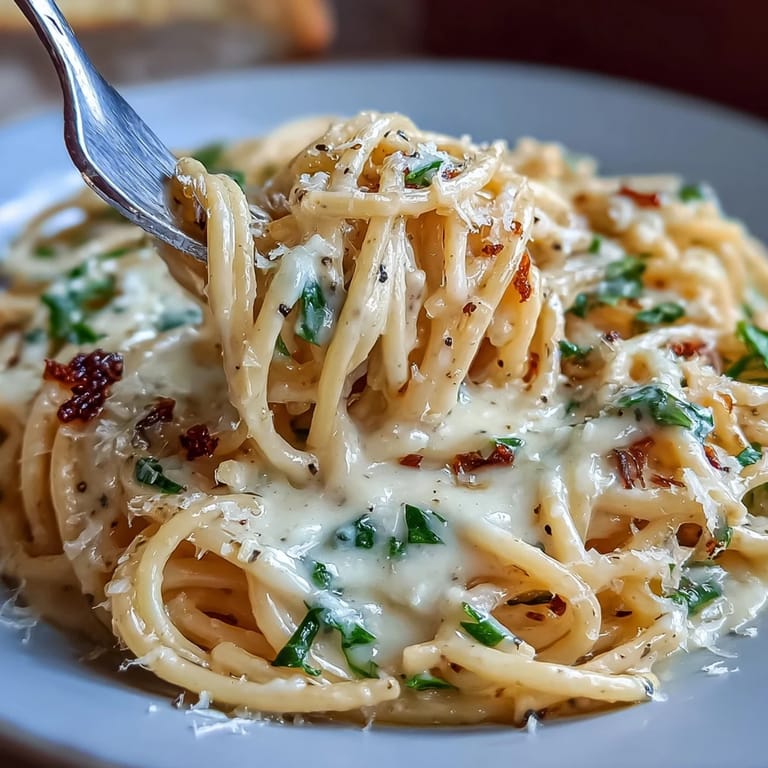 A close-up of authentic Cacio e Pepe, showing a creamy sauce and freshly cracked black pepper.