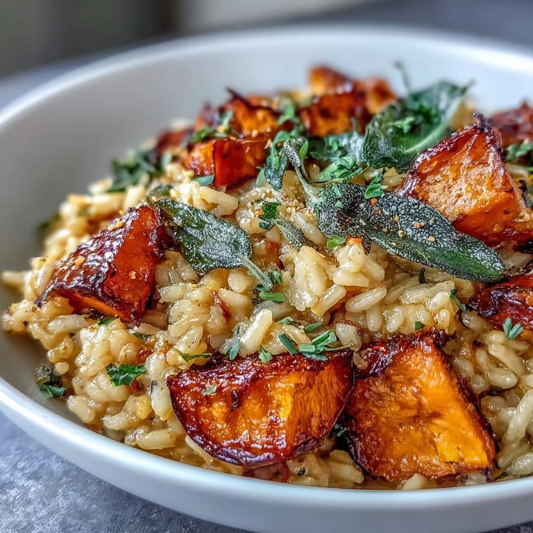 A close-up of Vegan Pumpkin Risotto featuring tender roasted pumpkin cubes and aromatic fried sage, ready to be enjoyed.