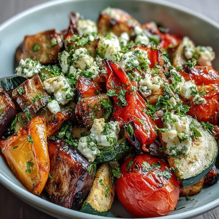 Colorful roasted Mediterranean Greek vegetables, lightly caramelized in olive oil and herbs, served warm from the oven on a rustic platter.