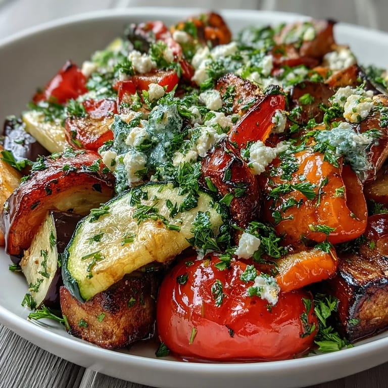 Savory roasted Mediterranean Greek vegetables garnished with feta and fresh parsley, ready to enjoy as a vibrant vegetarian dinner side dish.