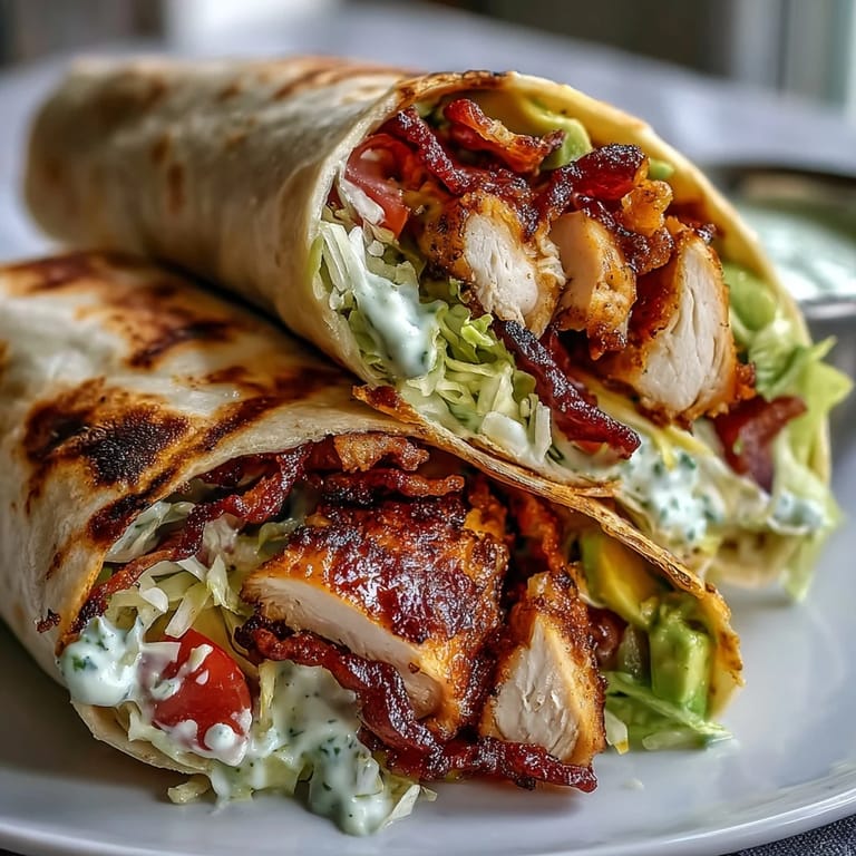 Freshly grilled Crispy Chicken Bacon Wrap showing melted cheddar and crispy bacon inside the tortilla.