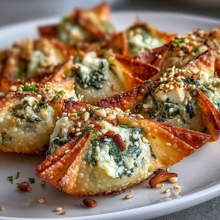 Close-up of warm Mediterranean Spinach and Feta Cheese Crisps with golden wonton edges and zesty lemon aroma.