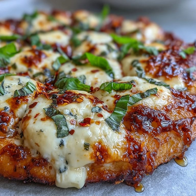 Hot Honey Ricotta Pizza on a marble board with basil, ready to slice for a vegetarian dinner.
