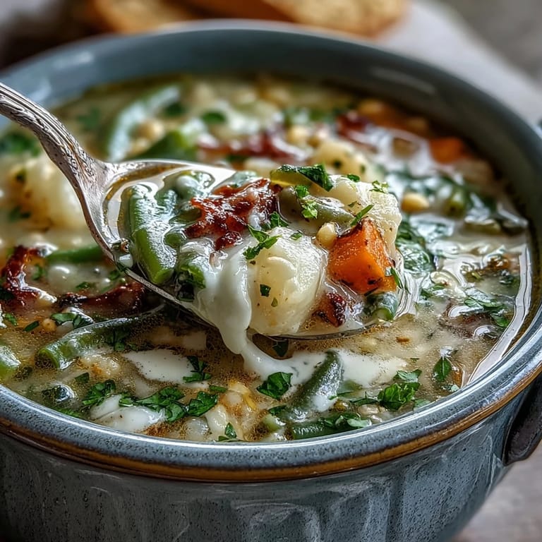 A cozy bowl of Amish Snow Day Soup, featuring hearty potatoes, carrots, and corn swimming in a velvety broth.
