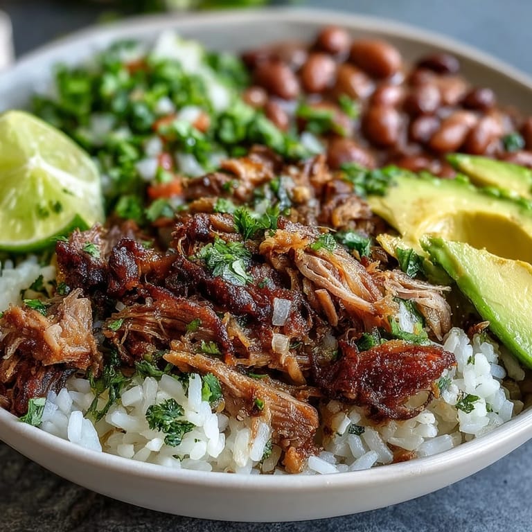 Steam rises from a warm Carnitas Bowl piled high with tender meat, creamy avocado slices, and chopped cilantro for a fresh finish.